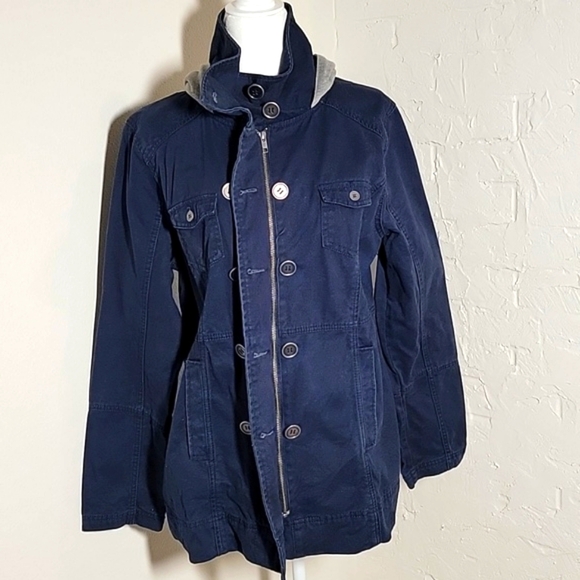 Hurley Winchester Woven Jacket Coat Hoodie Hooded Zip-Up Button Navy Blue Gray L - Picture 9 of 16